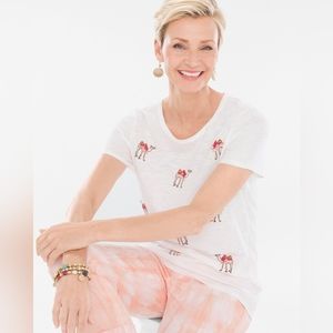 Scoop-neck tee with camel embroidery.Bead embellishment.Short sleeves.Regular